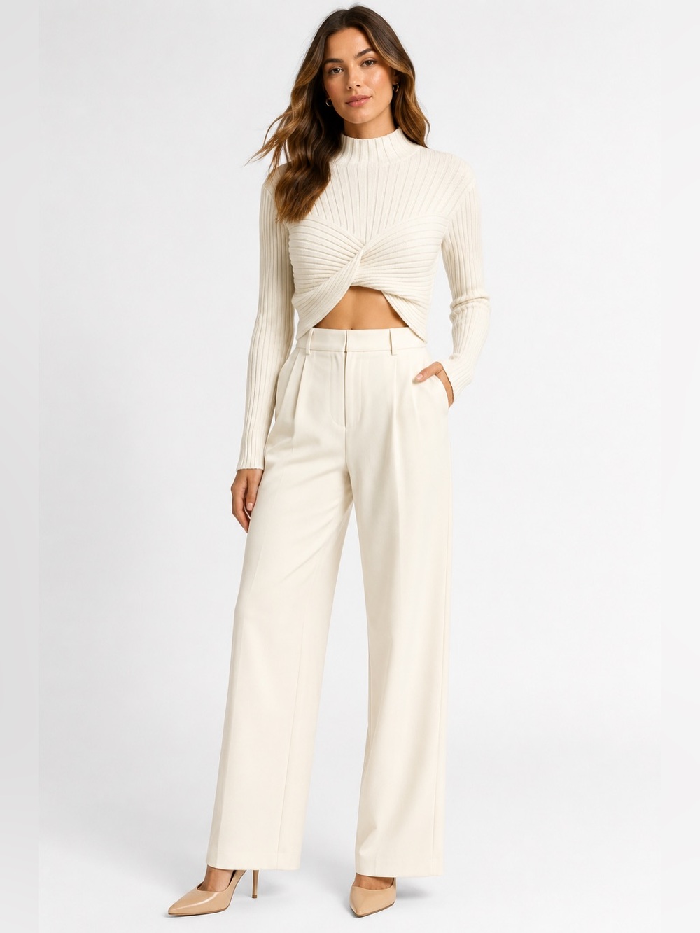 Vestique Ivory Ribbed Twist Front Cropped Mock Neck Sweater Size L